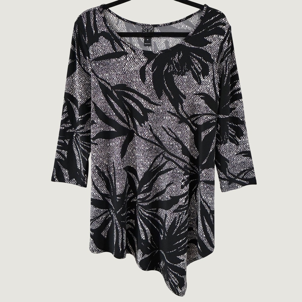Clara Sun Y2K Grunge Black White Palm Fairycore Asymmetrical Tunic Top M USA